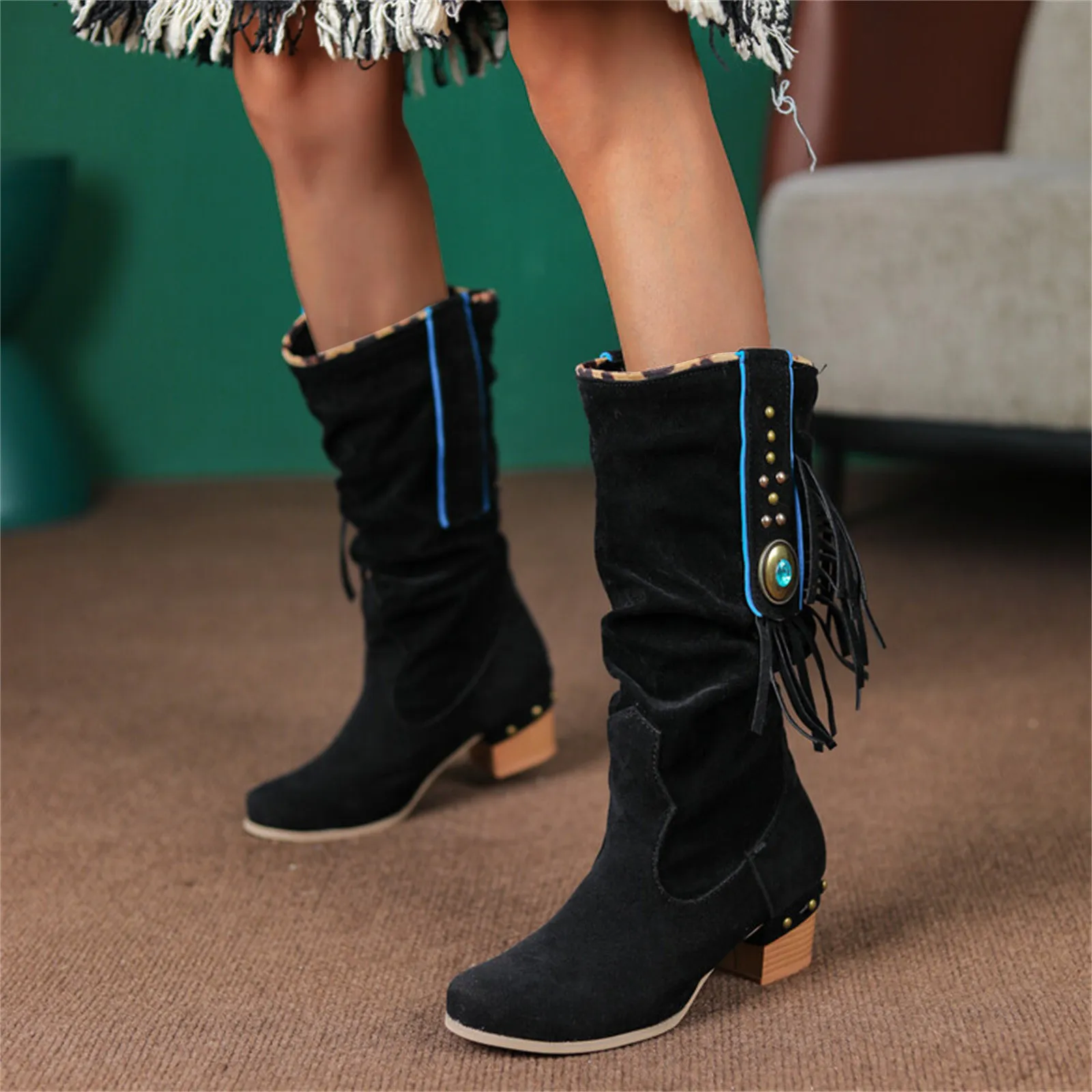 Thigh High Stretch Boots For Women Ladies Fashion Tassel Rhinestone Boots Pointed Toe Chunky High Heel Tall Leather Boots Women