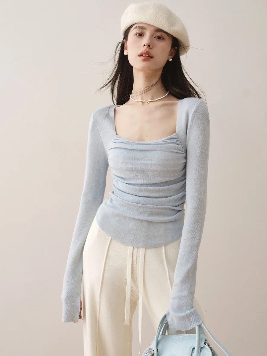 

Ronron Wełniana трикотаж с квадратным воротником, базовый слой, внутренняя одежда, футболка Sle, корейская мода для поездок на работу, облегающая длинная све