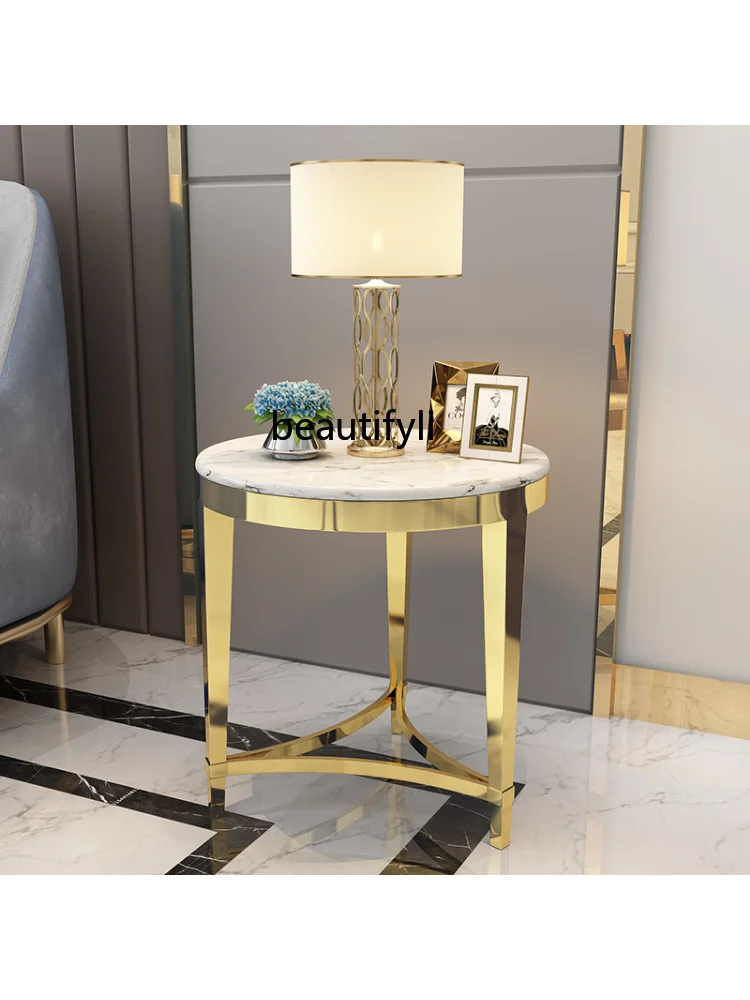 Post-Modern Light Luxury Gold-Plated Stainless Steel Corner Table Nordic Marble Small round Table Hotel Sofa Side Table