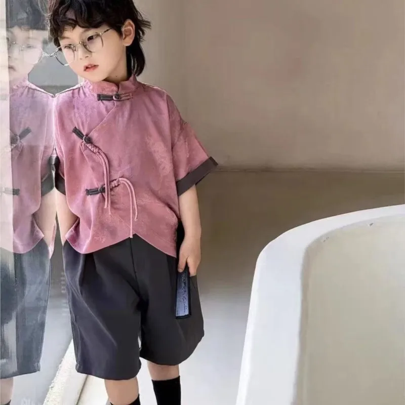 New Chinese style Boys' Buckle Stand up Collar Short Sleeve Shirt Children's 2026 Summer Fashion Top Pants 2-piece Set LJ703