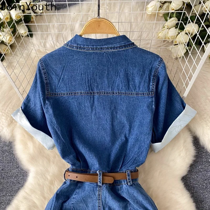 Korean Simple Denim Dress for Women 2024 Summer Robe Femme New Slim Waist Split Casual Dresses Y2k Short Sleeve Vestidos Mujer