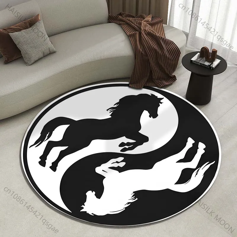 Multiple sizes Horse Yin Yang symbol Print Round Carpet Living Room Bedroom Table Chair Sofa Decorative Carpet Luxury gifts