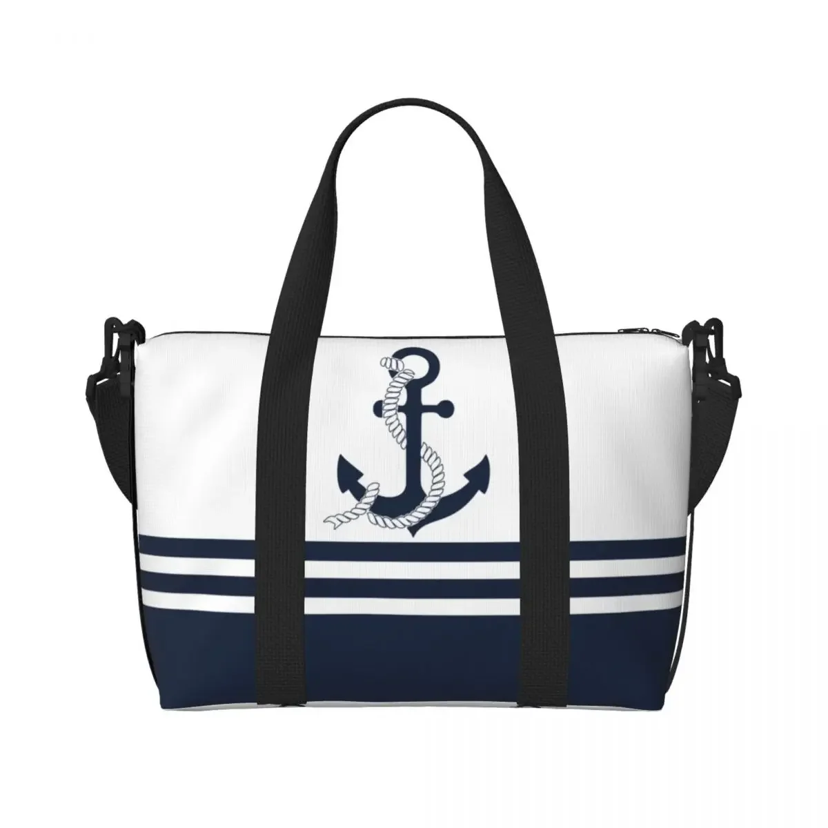 Nautical Blue Anchors With Blue And White Stripes Beach Tote Bag Extra Large Gym Carry On Navy Travel Shopping Bags