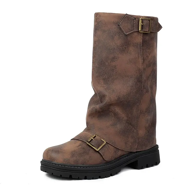 

SIMLOVEYO Круглый носок Толстые каблуки 3,5 см Платформа 2 см Слипоны Размер 47 48 Для отдыха Ежедневные Bota 2025 Новое поступление Женские сапоги до середины икры