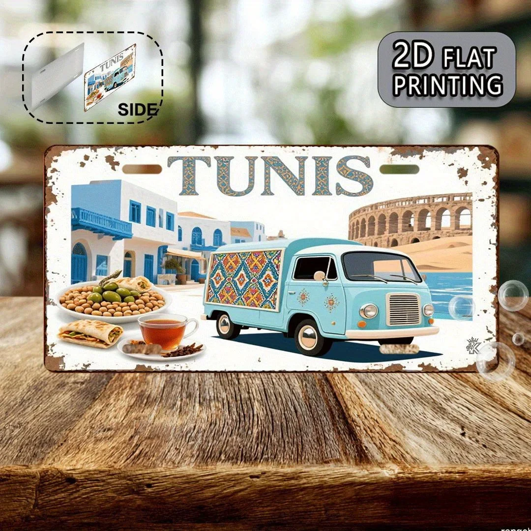 Tunis Tunisia Retro Van & Local Cuisine Vintage 2D Flat Aluminum License Plate Style Sign Indoor Outdoor Wall Decor