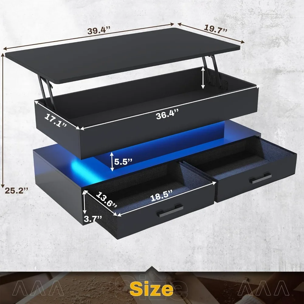 40” Coffee Table, Small Coffee Table with 2 Fabric Drawers & LED Light, Hidden Storage Compartment, Elevated Coffee Table