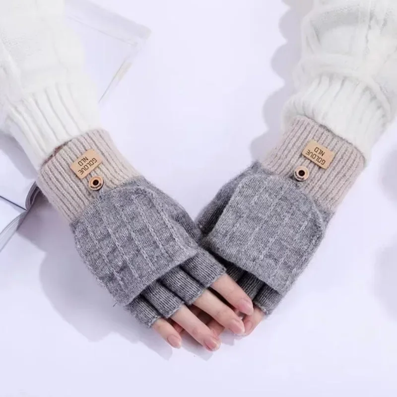 Niedliche, verdickte Plüsch-Strickhandschuhe mit Halbfinger-Flip-Cover, warme Anti-Kälte-Garn-Fäustlinge für den Winter