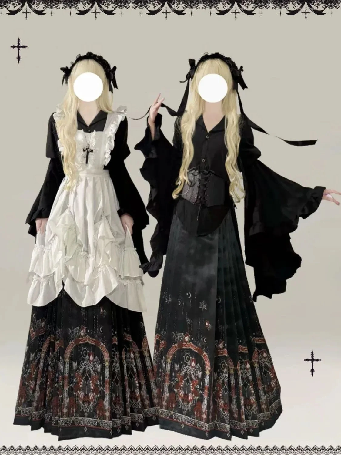 MAGOGO Gothic Lolita Hanfu Original Set Flared Sleeves V Collar Black Top Chinese Style Vintage Printed Slim Horse Skirt