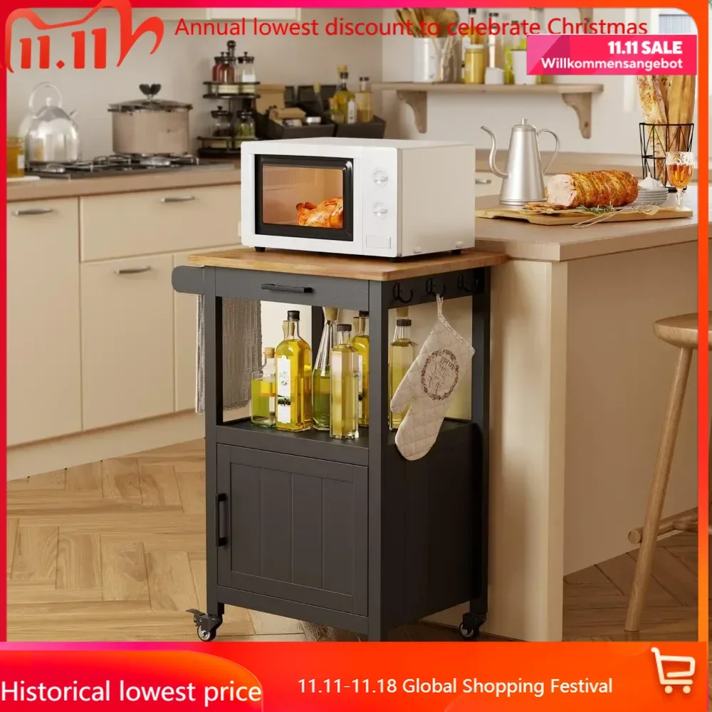 Kitchen Island Cart on Wheels with Drawer, Storage Cabinet, Shelf and Side Hook, Rolling Kitchen Cart with Rubber Wood Coun