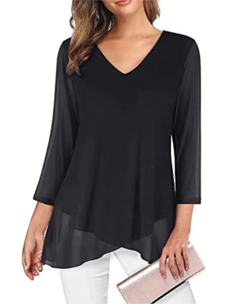 

Повседневная черная рубашка для женщин, модные пуловеры с тремя четвертью и v-образным вырезом, топы, женская элегантная праздничная женская одежда, новинка весны