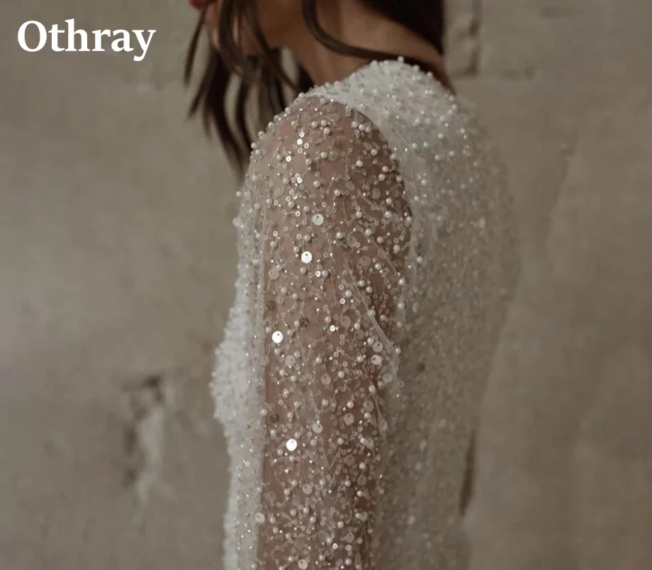 Othray Luxury Beaded Short Wedding Dresses Feathers Long Sleeves Above Knee Modern Bridal Gowns Wedding Party Dress