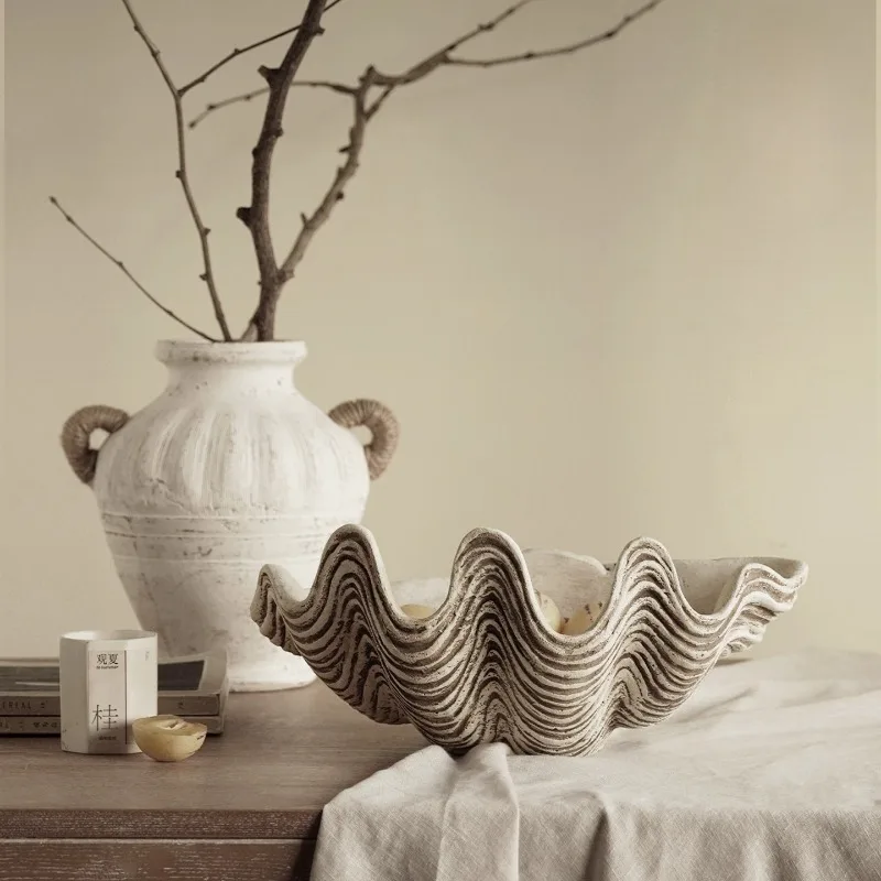 Wabi Sabi Seashell Art Fruit Bowl Mid-Century Modern Decorative Tray Unique Desktop Centerpiece for Living Room Display Dish