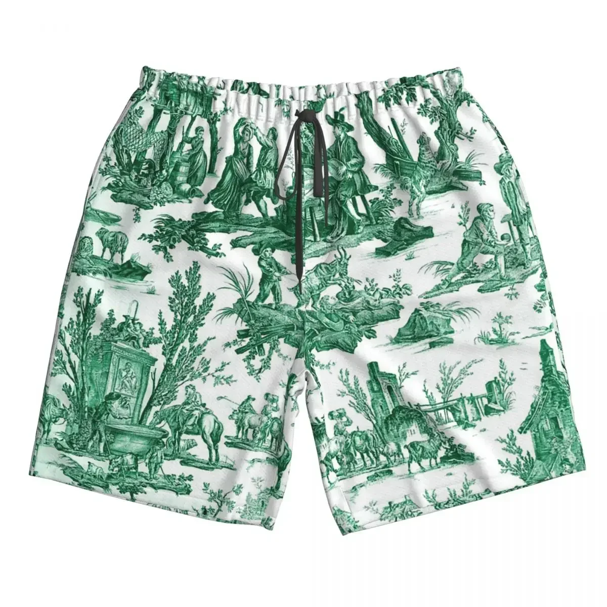 Vintage French Toile De Jouy Motif Trunks Beach Board Shorts Casual Quick Dry Swim Summer Men Pants