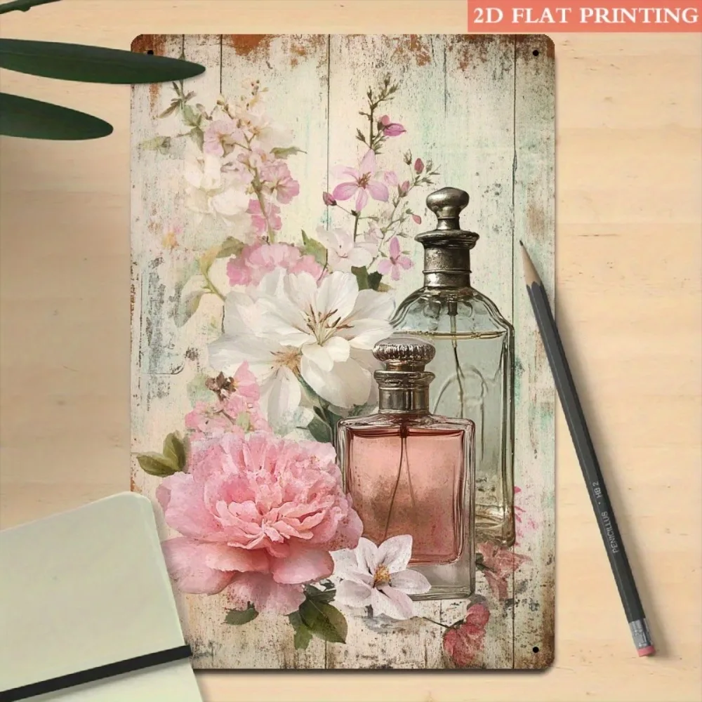 Aluminum Metal Sign, Vintage Perfume Bottles & Pink Flowers Print Plaque for Bedroom, Bathroom & Vanity Wall Art Decor