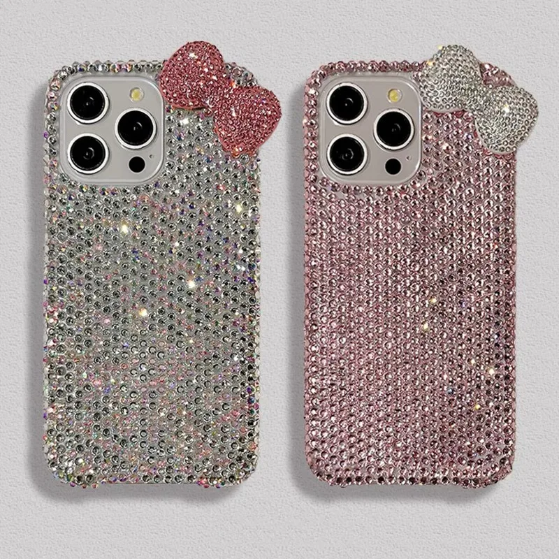 

Bling Full Diamond Bowknot Phone Case For iPhone 17 11 12 13 14 15 16 Pro Max 7 Plus XR XS Luxury Pink Rhinestone Glitter Cover
