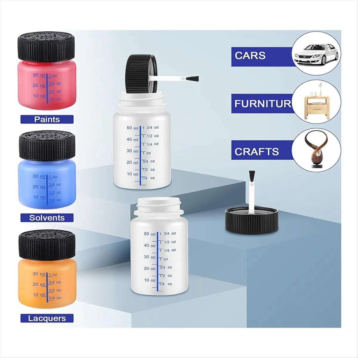 FTGT-60 Pcs Touch Up Paint Bottles with Applicator Brush and Lids 2 Oz and 1 Oz Liquid Capacity Plastic for Fixing Wall Stone