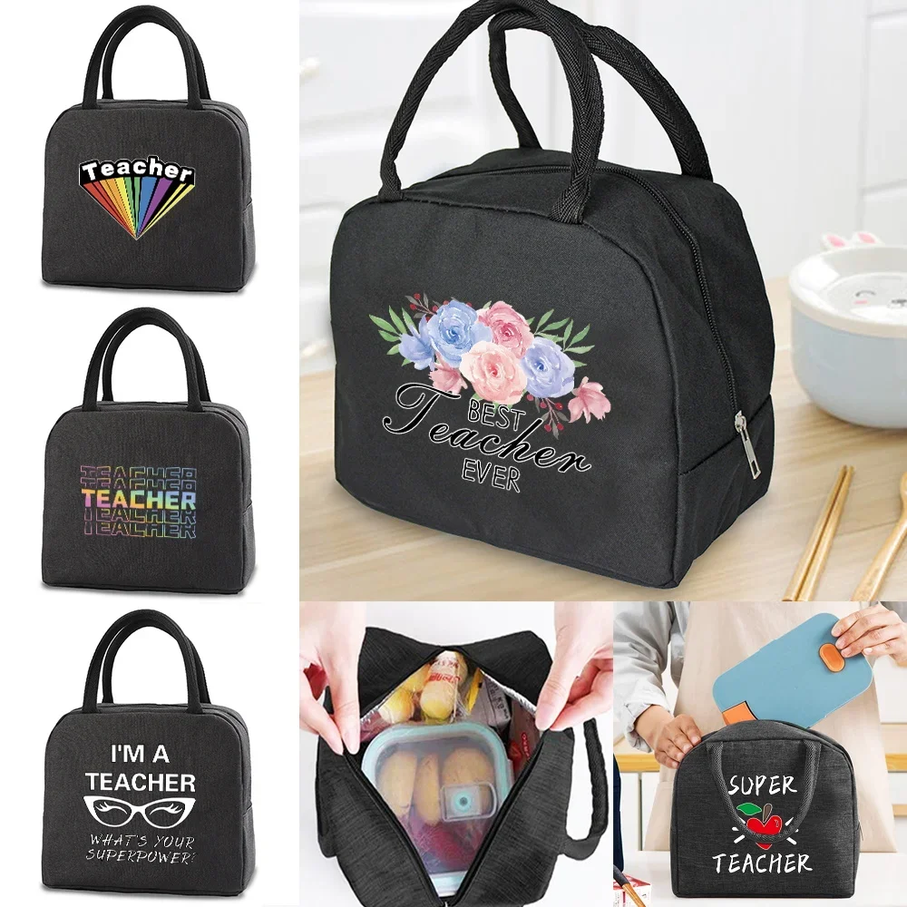 Lunch Bag with Reinforced Handles Smooth Zipper Front Pocket and Wipeable Inner Teacher Pattern for School Office Workstation