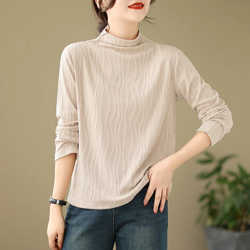 قميص نسائي أنيق بياقة نصف عالية وأكمام طويلة، قميص أساسي للربيع والخريف، تصميم جديد للارتداء الداخلي، قطن 00٪ بقصة فضفاضة #2