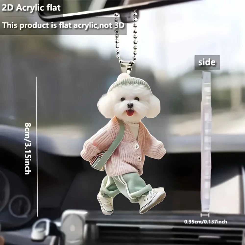 Cute Dressed Bichon Frise Pendant Keychain Cartoon Walking Dog 2D Acrylic Versatile Charm,Decor for Car,Backpacks,Festive,Gift