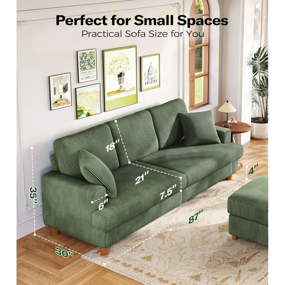 أريكة سروال قصير مقاس 87 بوصة، مجموعة بدون أدوات، أريكة غرفة معيشة قطيفة مع وسادتين، مقعد كبير الحجم باللون الأخضر البوهيمي #2