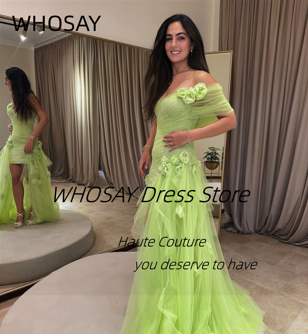 WHOSAY Soft Tulle Short Prom Dresses with Long Overskirts Bride Wear Wedding Party Gowns Flowers One Shoulder Evening Dress