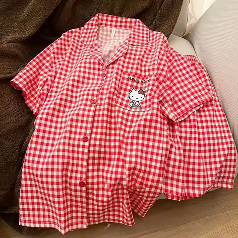 Sanrio Hello Kitty Woman Sleeping Pajamas Sets Kawaii Cartoon Summer Sleepwear Short Sleeve Shorts Nightwear Red Grid Home Suit
