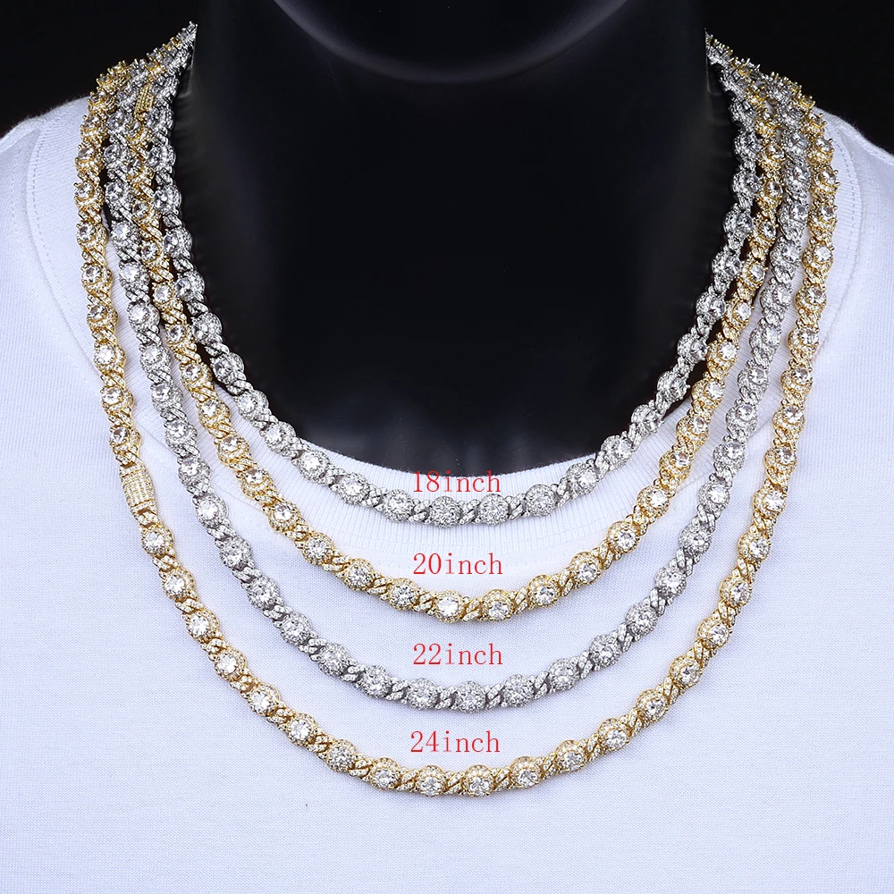 NY Ice Diamond Round Beads 7.5mm Cuban Chain Diamond Cubic Zirconia Cuban Necklace Hip Hop Style Women's Necklace