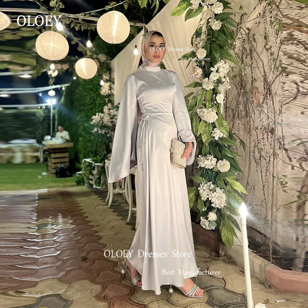 

OLOEY Simple Silk Muslim Arabic Women Evening Dresses High Neck Long Sleeves Ankle Prom Gowns Formal Occasion Party Dress