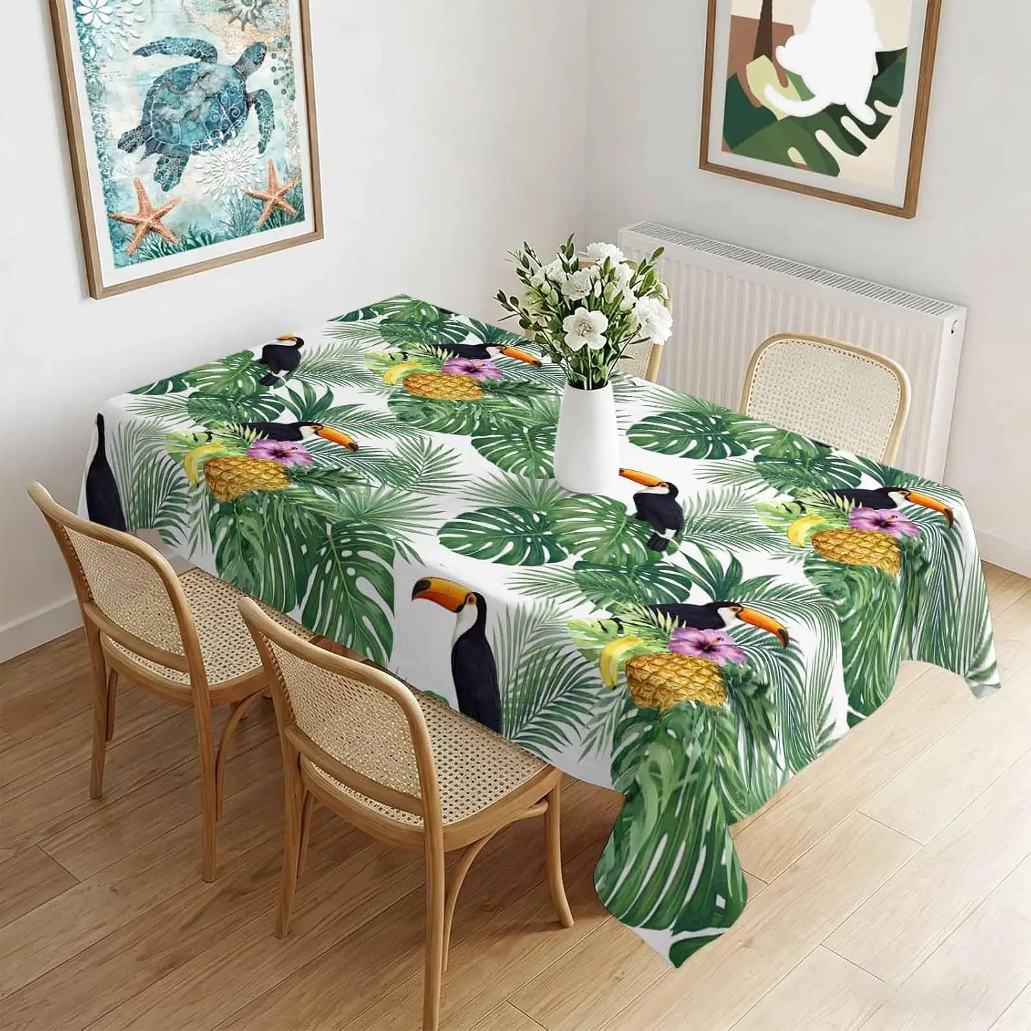 Summer Toucan Palm Leaves Monstera Tablecloth for Table Decor Tropical Pineapple Flower Printed Kitchen Table Cloth Party Decor