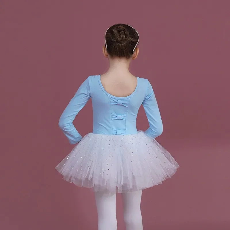 EE01 Girls Ballet Dress Gymnastics Leotards Long Sleeves Tulle Bowknot Skate Tutu Dress Christmas Birthday Party Leotard DanIo0！