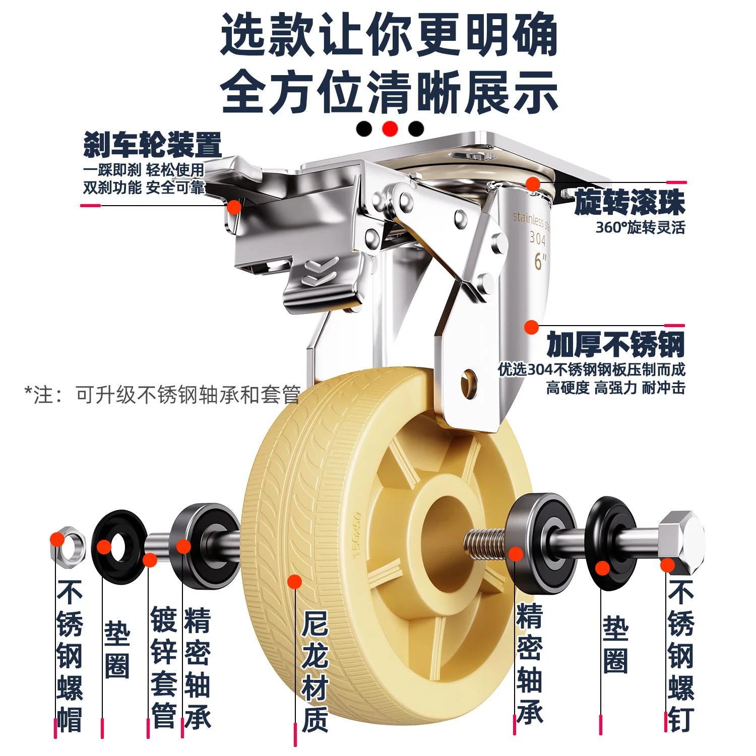Heavy Duty 304 Stainless Steel Caster Wheels 4 5 6 8 Inch Nylon Swivel Rigid Brake Plate Casters for Display Racks Trolleys