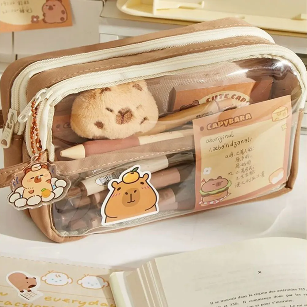 Capybara Kawaii – trousse à crayons avec compartiments, sac de papeterie transparent avec pendentif autocollant pour bureau, collège et école