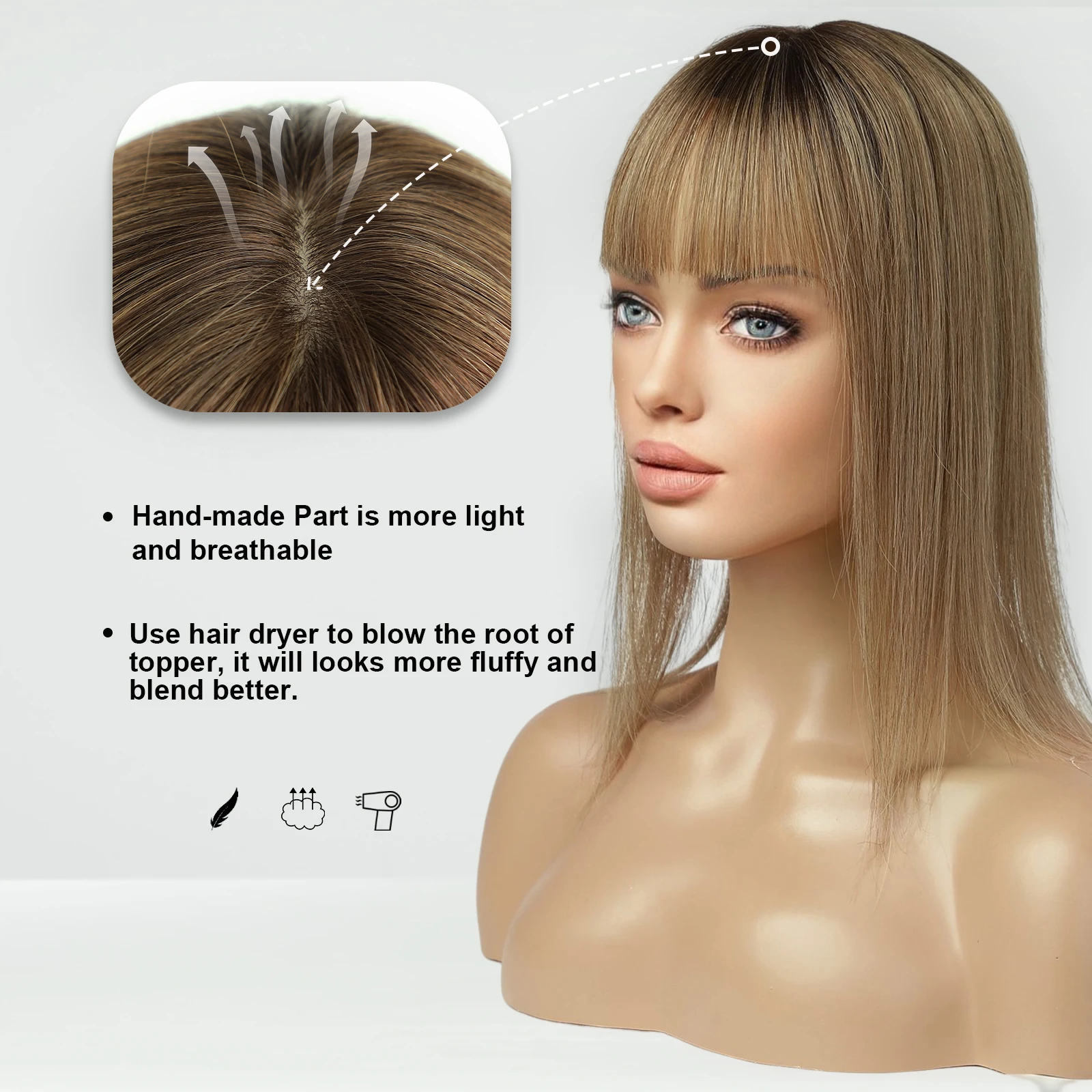 100% Remy Human Hair Toppers with Bangs 14in Brown Ombre Human Hair Pieces for Women with Thinning Hair Silk Base Clip in Topper