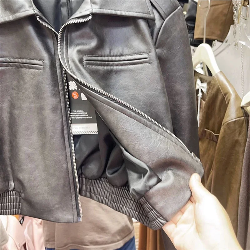 Veste de motard en faux cuir PU pour femme, manteau court mince coréen, fermeture à glissière à revers, manches longues, streetwear noir ingent, printemps et automne