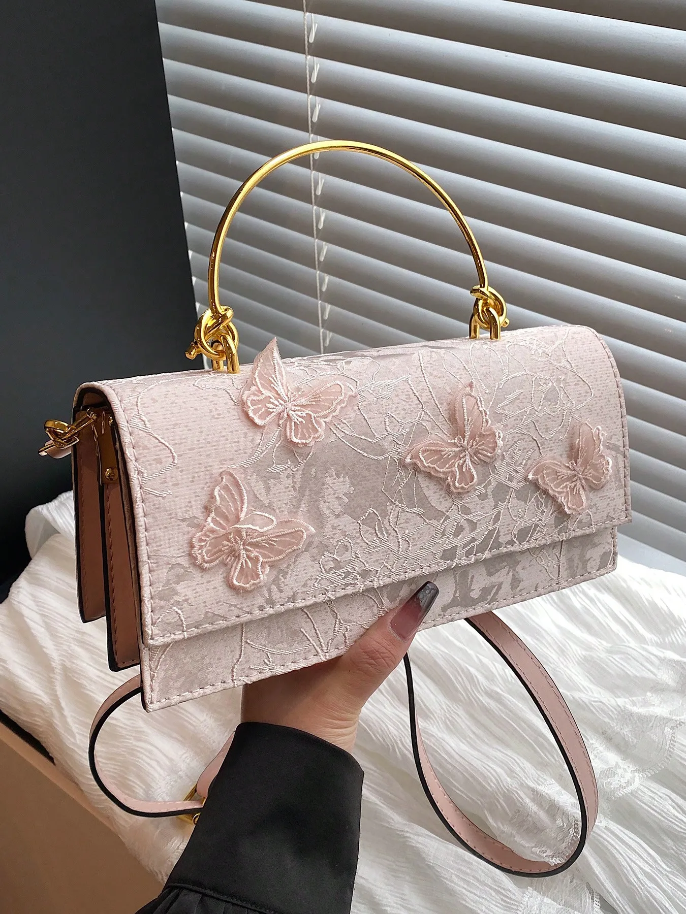 

Light Pink Jacquard Rectangular Top-Handle Bag with 3D Butterfly Embroidery, Brass Knotted Handle
