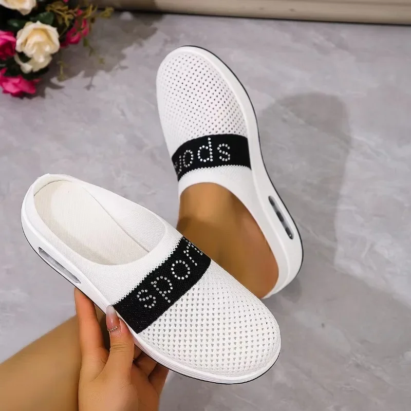 Women\'s Slippers Summer New Thick Bottom Round Head Net Cloth Covered Head Sandals Casual Comfort Increase Breathable Slippers