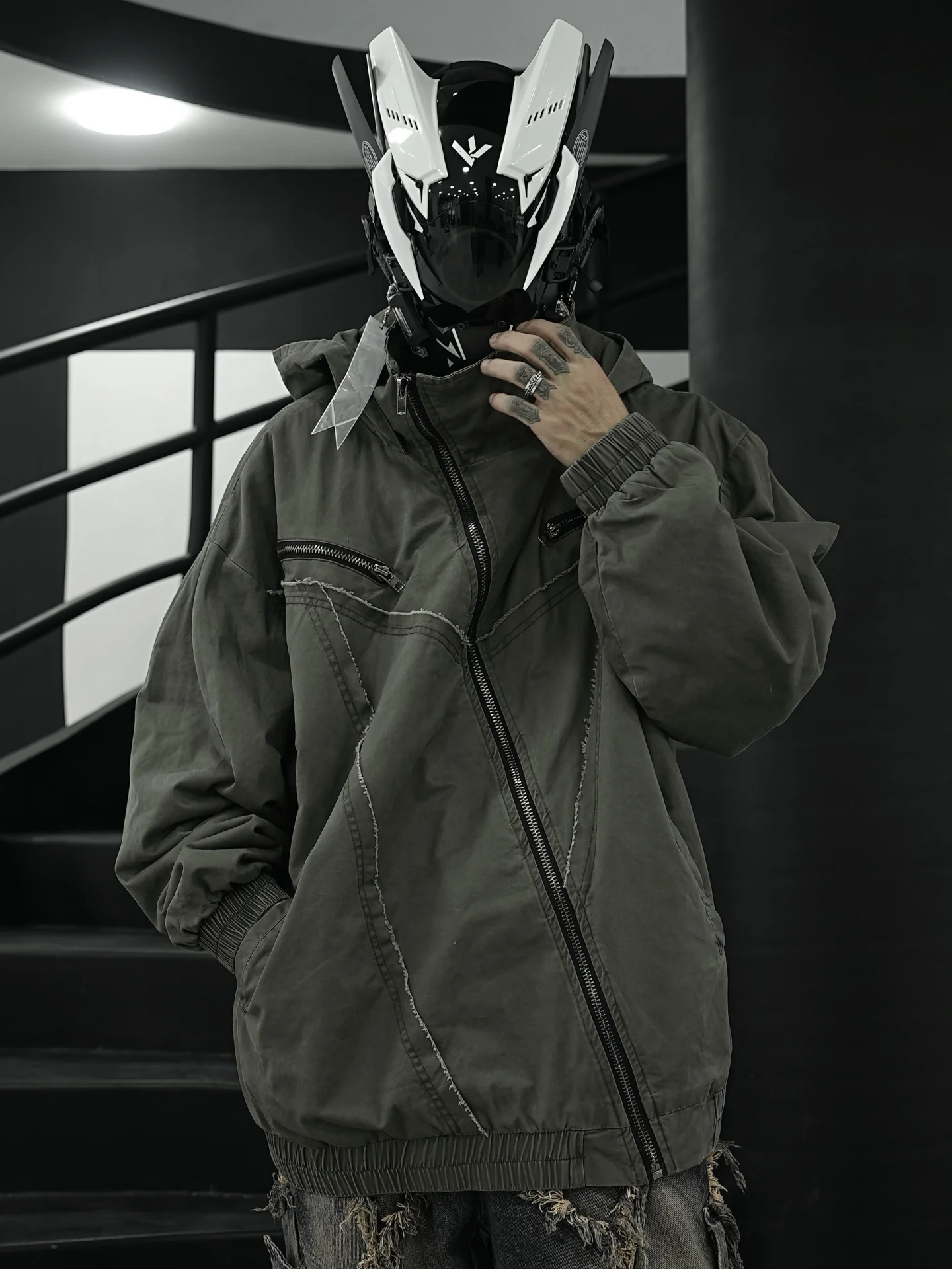 Irregular Design Functional Cotton-Padded Clothes Stitching Oblique Placket Jacket High Street Loose Turtleneck Tooling