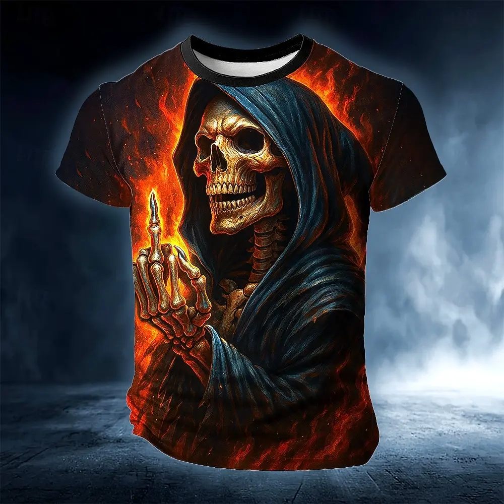Men's Hooded Grim Reaper Skeleton Fiery Flame Smoke Printed T‑Shirt Gothic Street Casual Short‑Sleeve Black Loose Graphic Top