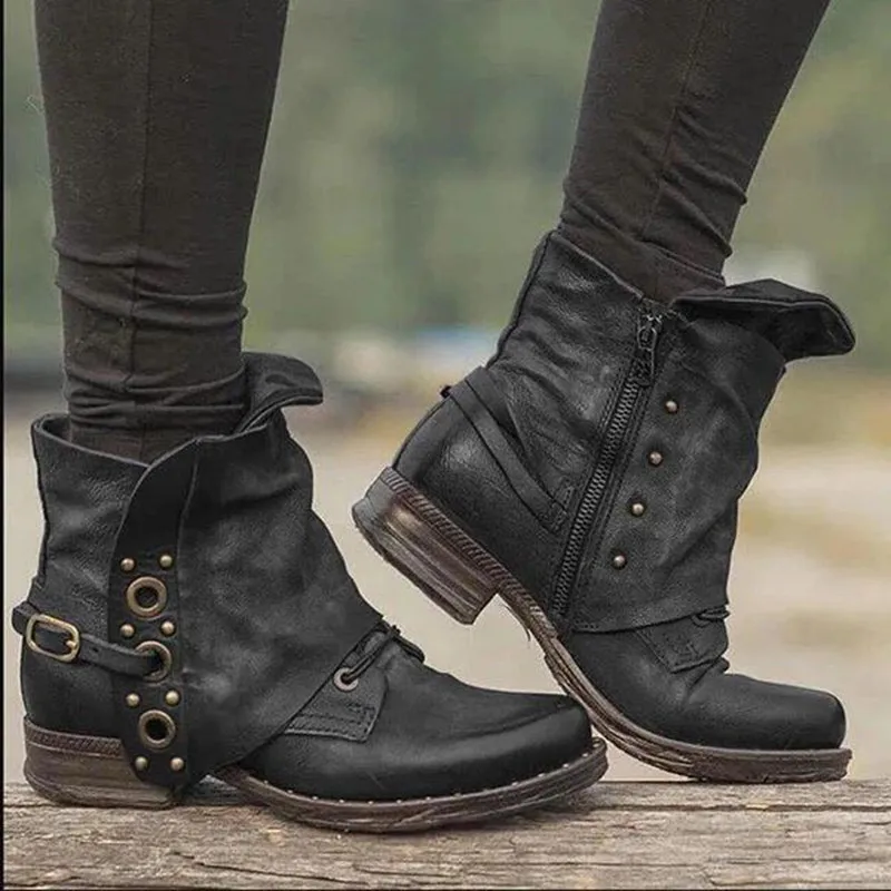 Women's Casual Short Boots Autumn Winter Retro Fashion Rivet Belt Buckle Side Zipper Leather Boots Plus Size 42 43 Women Shoes