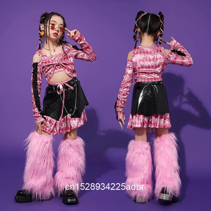 Y2K K-pop 재즈 스트리트 댄스 의상 소녀 어린이 무대 공연 모델링 활주로 옷 어린이를위한 유행 반짝 이는 멋진 옷