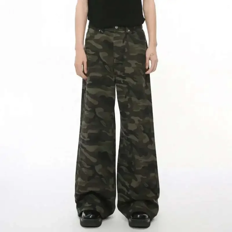 

Vintage Camouflage Men's Jeans Fashion Washed Casual Wide Leg Denim Pants Autumn Winter Loose Male Trousers Old Blue