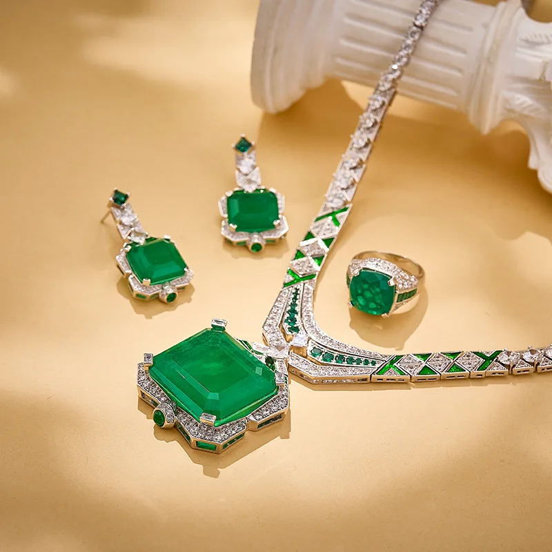 Art‑Deco Vintage 3‑Pcs Jewelry Set Plated Alloy Simulated Gem CZ Enamel Necklace Earrings Ring Women Banquet Dress Suit