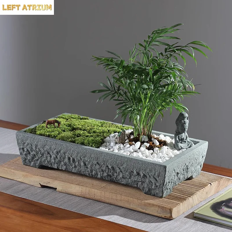 Natural Stone Trough Flowerpot Plant Landscape Plate Home Decoration Retro Creative Vase Potted Office Table Garden Decor Gift