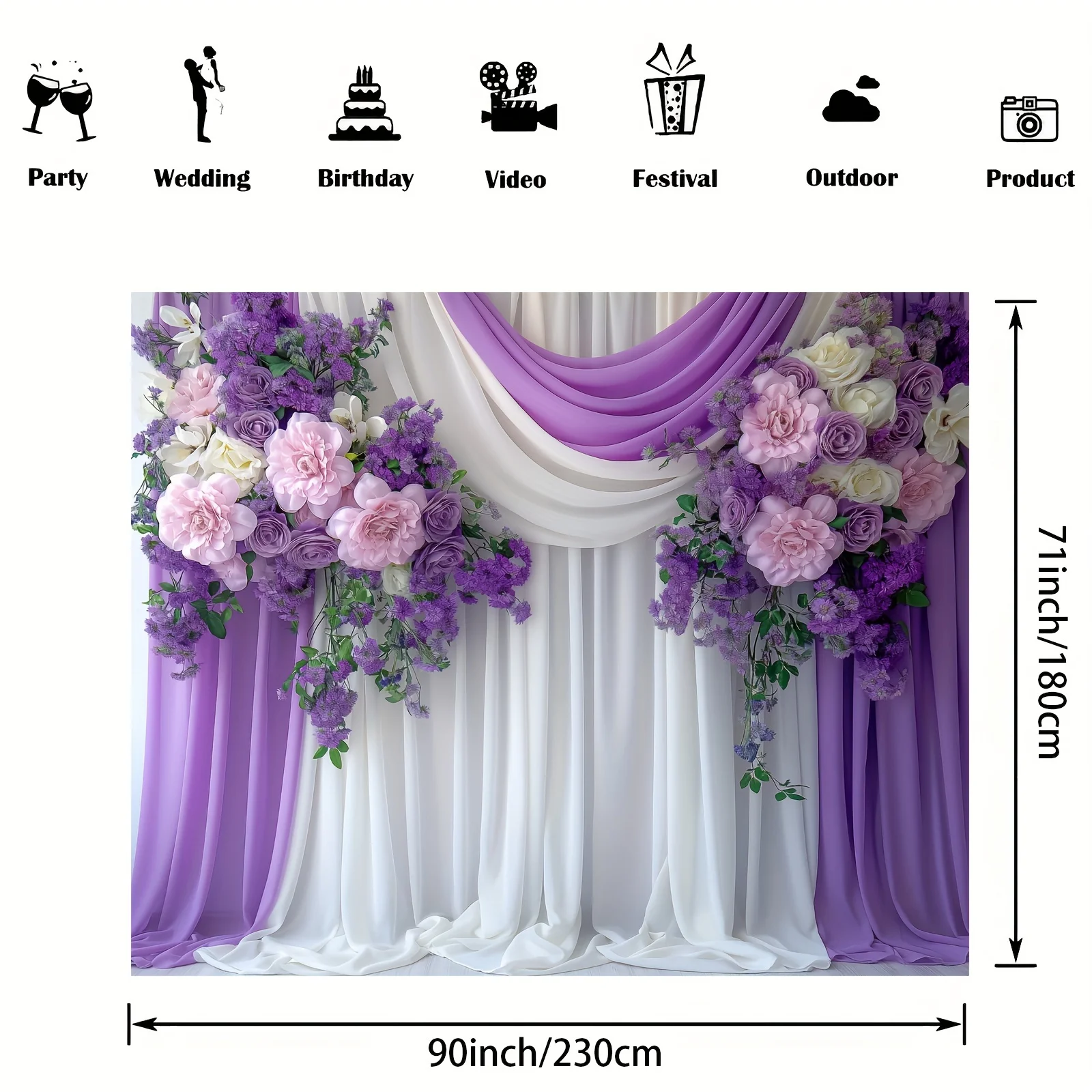 Elegant Purple and White Flower Wedding Background Fabric - Rural Style Curtain Design, Suitable for Bridal Baptism