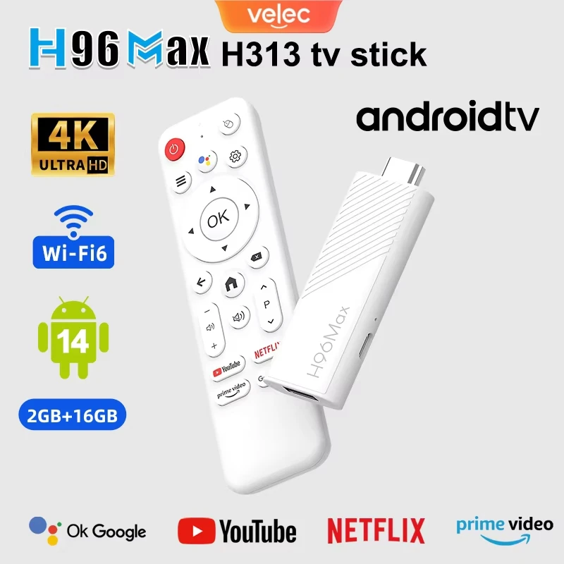 Velec TV Stick H96 MAX Android 14 Allwinner H313 2GB 16GB Dual Wifi6 BT5.0 4K HD Google Voice Assistant Media Player AI TV Stick