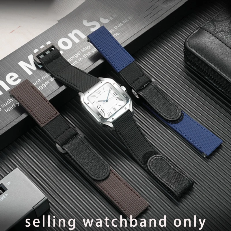 Новый холщовый ремешок для часов 21 мм для Cartier, водонепроницаемый быстросъемный ремешок из фторкаучука, нейлоновый браслет Santos, легко приклеиваемый Новый холщовый ремешок для часов 21 мм для Cartier, водонепроницаемый быстросъемный ремешок из фторкаучука, нейлоновый браслет Santos, легко приклеиваемый