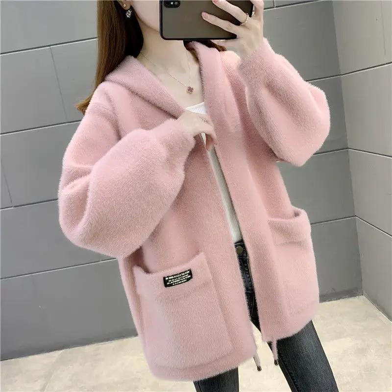 Women Jacket Autumn Winter New Fashion Imitate Mink Velvet Coat 2024 Female Short Hooded Thick Warm Wool Coat Outerwear Tops