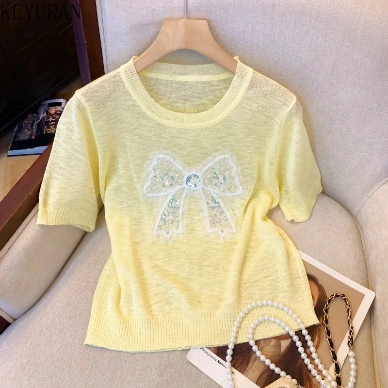 

Лето 2022, вязаный свитер из ледяного шелка с милым бантом и бисером, футболки, женские корейские модные однотонные пуловеры, трикотажные топы, футболки