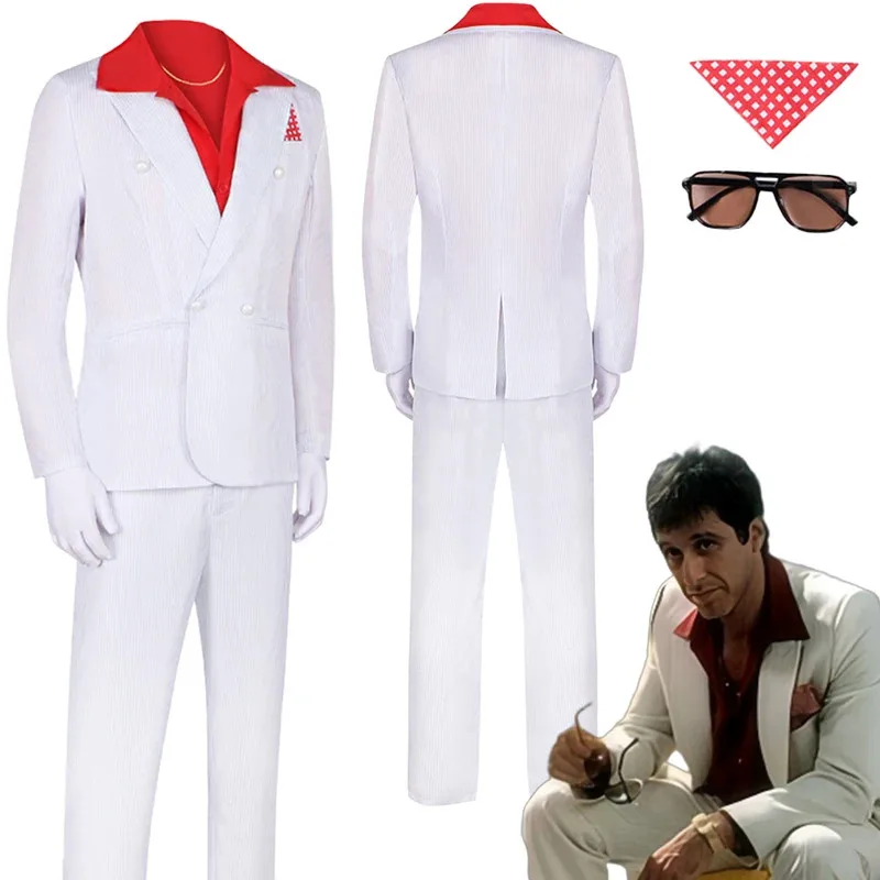 فانتازيا سكارفيس آل باتشينو ملابس تنكرية بدلة بيضاء 1983 فيلم Disfraz زي الرجال الخيال هالوين كرنفال ملابس للحفلات