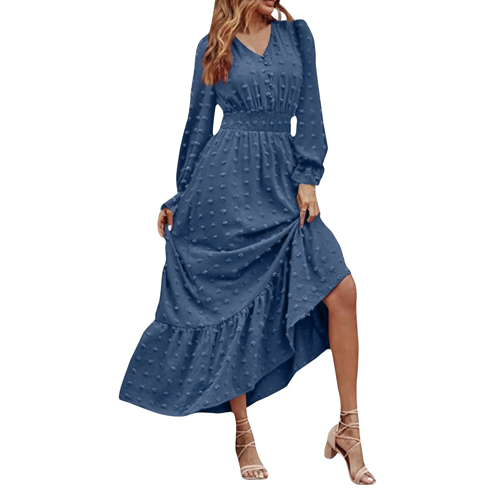 فستان نسائي طويل الأكمام بوهو طويل ، مرن ، خصر ضيق ، خليط ، حرف A-line ، نقطة ، تنحنح فضفاض ، طول الكاحل ، الربيع ، الخريف